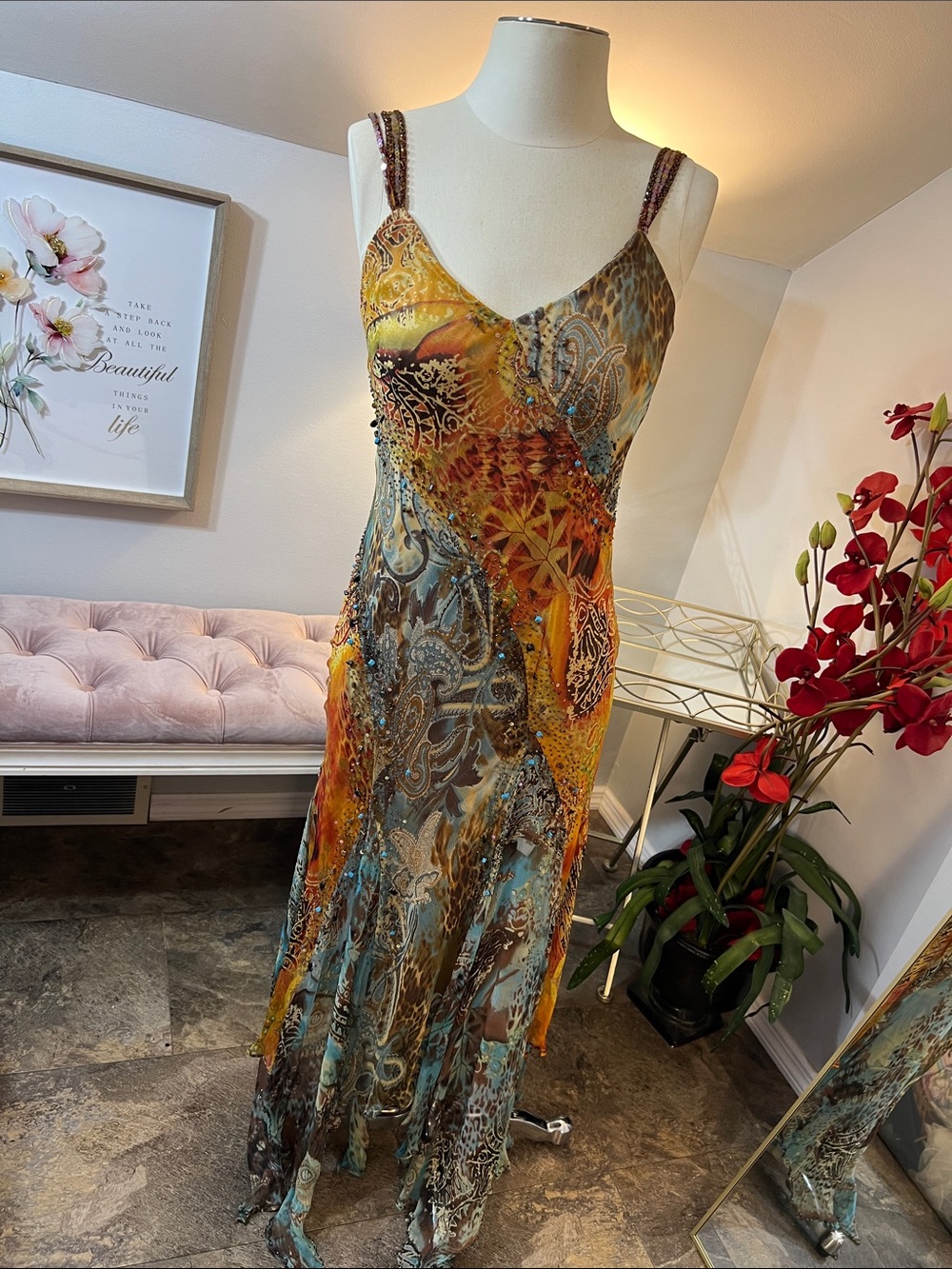 Vtg Sue Wong Nocturne Y2K Beaded 100% Silk Handkerchief Fairy Core Dress Size 6